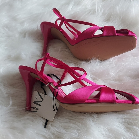 Zara Satin Effect Pink Strappy Heels Sz-10 - Picture 8 of 12